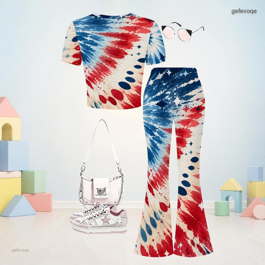 Girls Round Neck Short Sleeve Printed Top And Flared Pants Navy Blue Two Piece Set