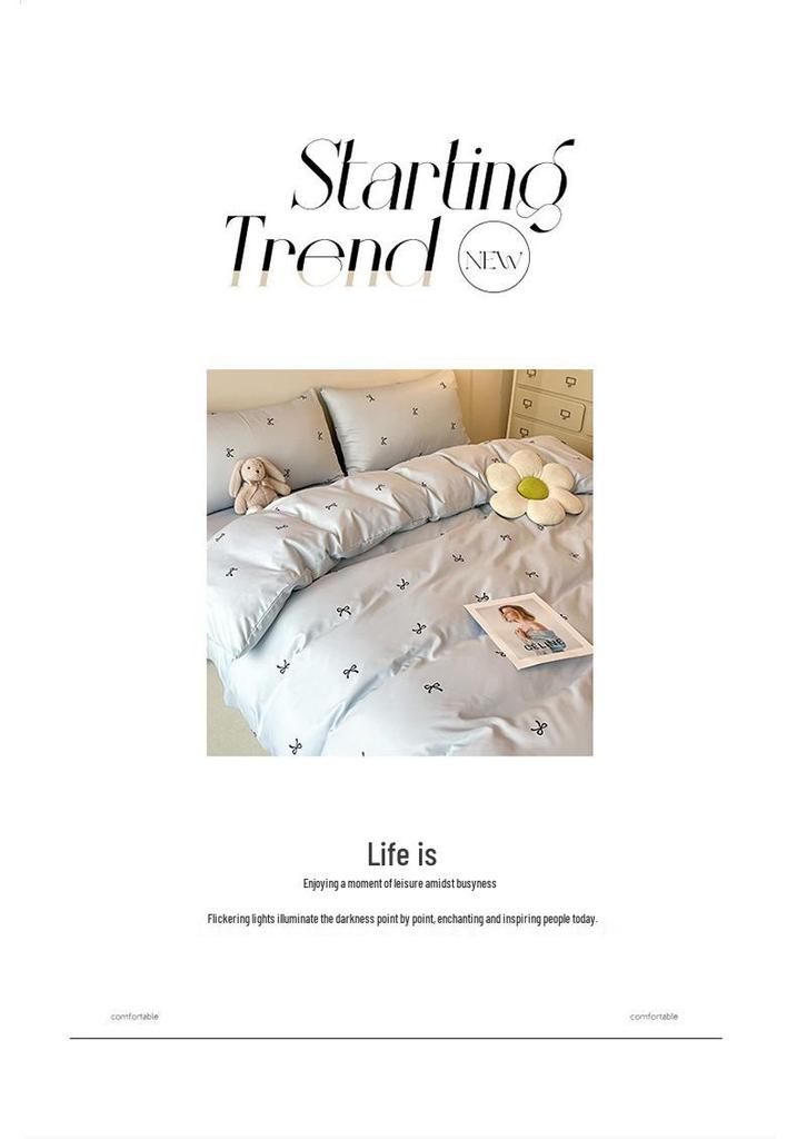 Summer Fresh Ice Silk 4-Piece Set: Student Duvet Cover, Bed Skirt, Simple Print