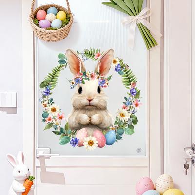 Ostern Niedlicher Hase Ei Kranz Wandaufkleber für Balkon Glastür Fenster Heimdekoration Selbstklebend