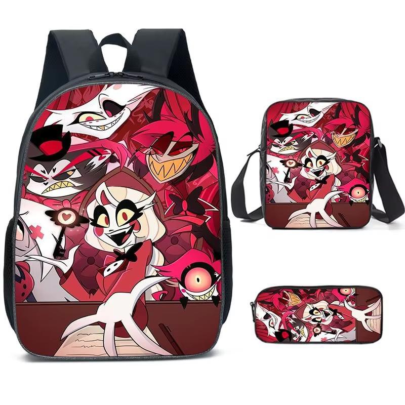 Hazbin Hotel Anime Ensemble de 3 pièces Sac à dos Étudiant Sac d'école à bandoulière Enfants Mignon Sac à dos de voyage Cadeau d'anniversaire pour enfants