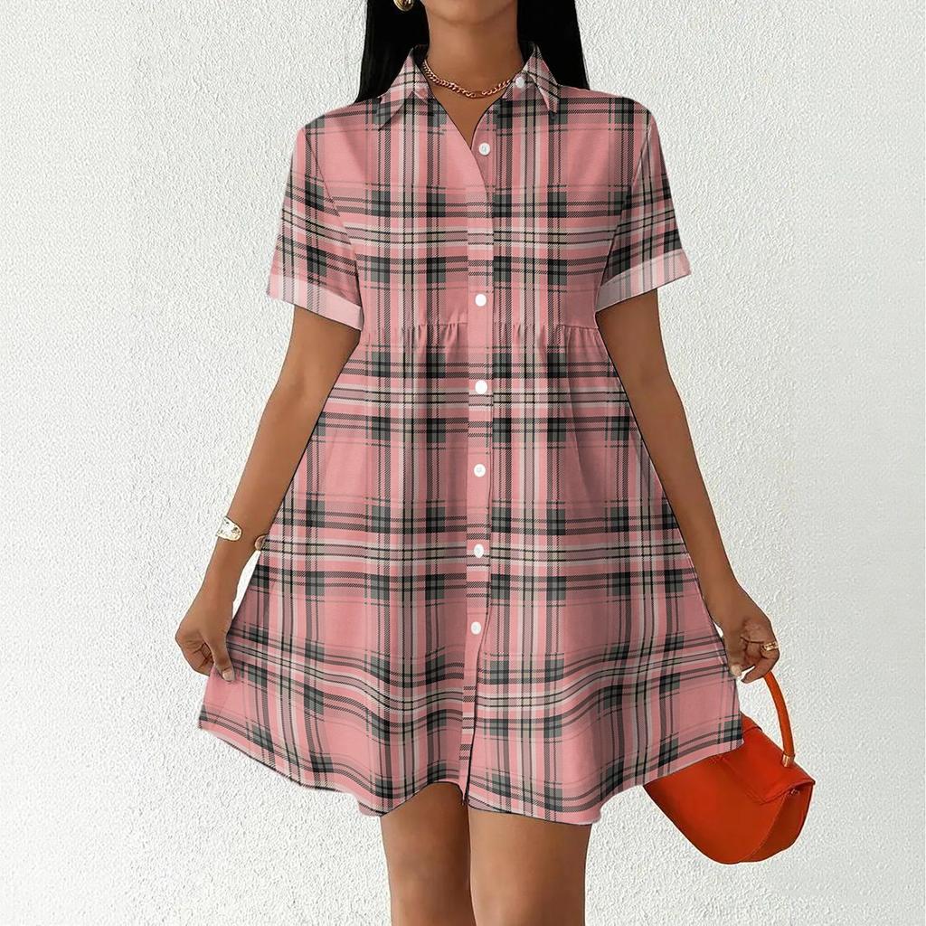 Women Casual Loose Fit Shirt Dress Button Front Short Sleeve Collared Dress Lightweight Plaid Pattern Summer Dress