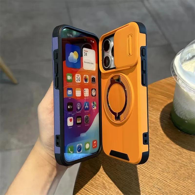 Slide Camera Lens Protection Case For iPhone 16 Pro Max 15 14 Plus 13 12 11 Ring Magnetic Bracket Holder Shockproof Armour Cover