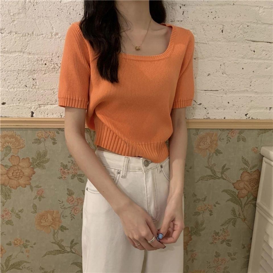 

Женский трикотажный топ большого размера с коротким рукавом из ледяного шелка, с квадратным вырезом, белый XL оранжевый