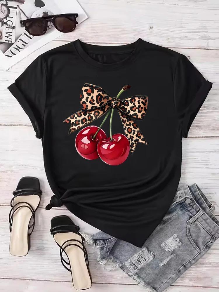 Fashion Cherry Print Women T-Shirt Short Sleeve Crew Neck Casual Tops for Summer Spring Women's Clothing Tops Tees
