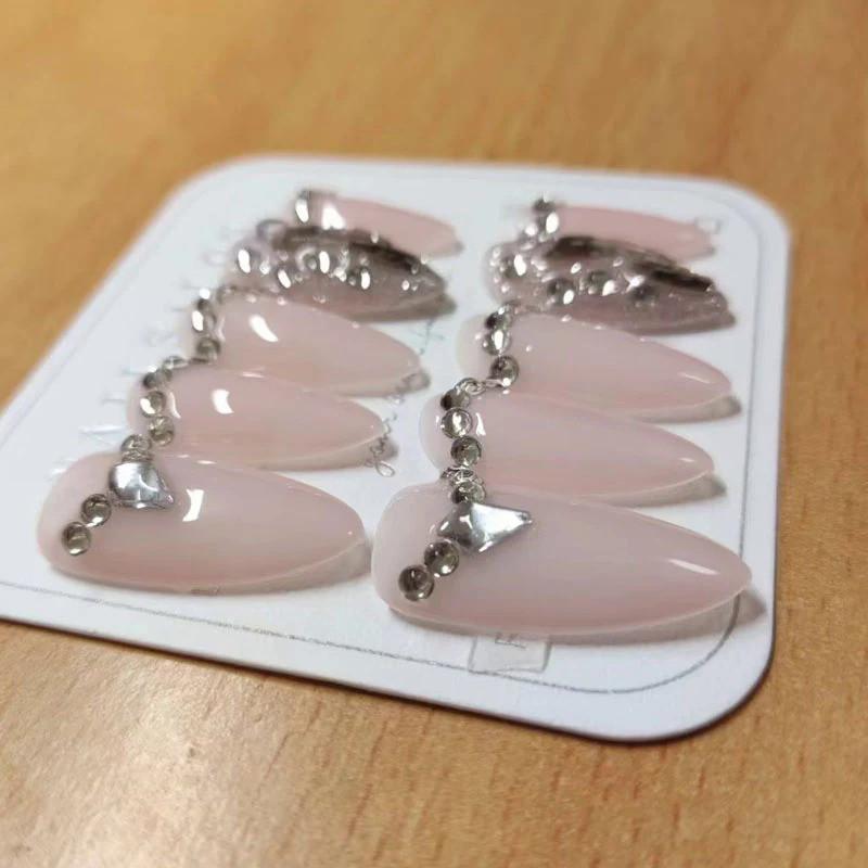 Full Handmade Artificial Nail Art Nude Simple Water Drop Nails with Diamonds Phototherapy Fake Nails Reusable and Removable Nails