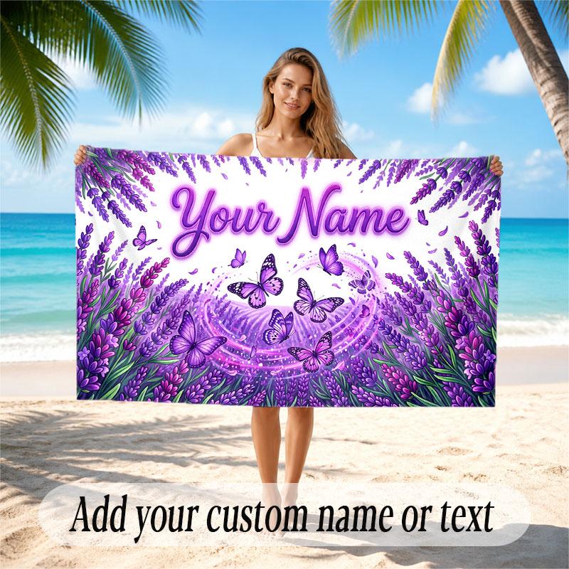 Butterfly Theme Soft Beach Towel Personalized Custom Name Text Towel Portable for Beach Pool Travel