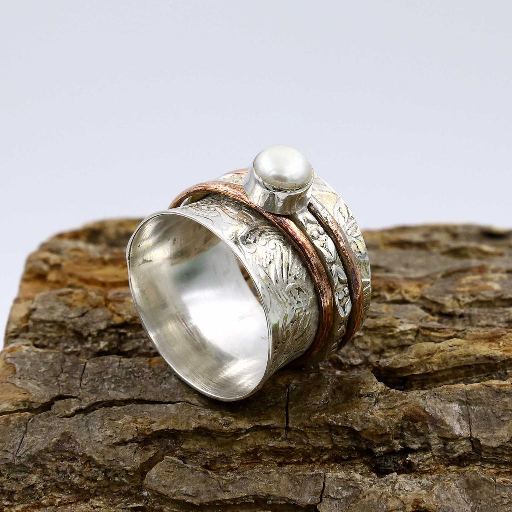 Inel din Argint Sterling 925, Inel cu Piatră Prețioasă Perlă Albă, Inel Bicolor, Inel Boem, Inel de Designer, Bijuterii din Argint