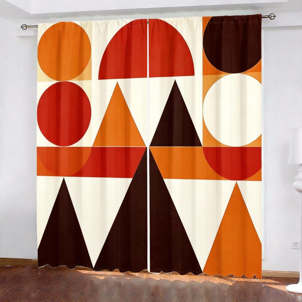 Retro Geometric Curtains 2pcs – Mid-Century Modern Abstract Design In Orange Green Black Cream, Living Room Decor