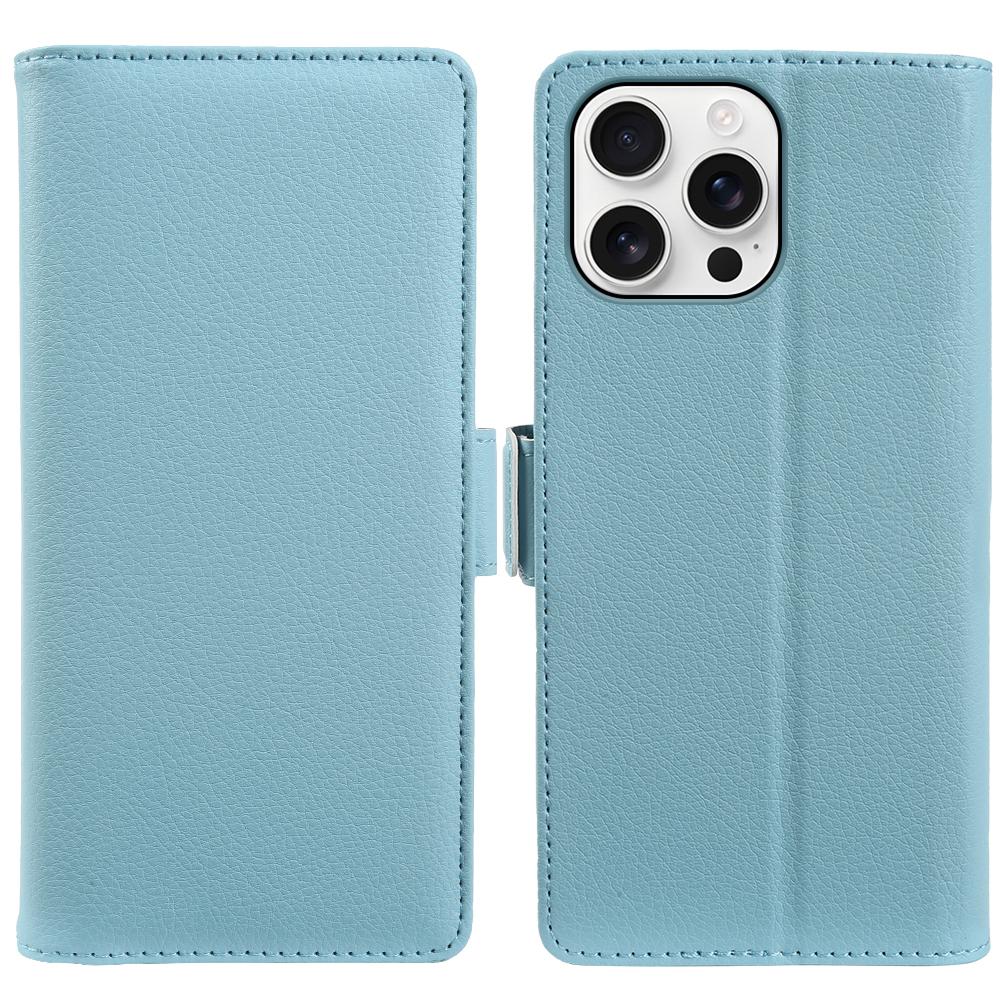 For iPhone 16 Pro Max Wallet Case with Dual Magnetic Clasp Litchi Textured Leather Flip Stand Phone Cover