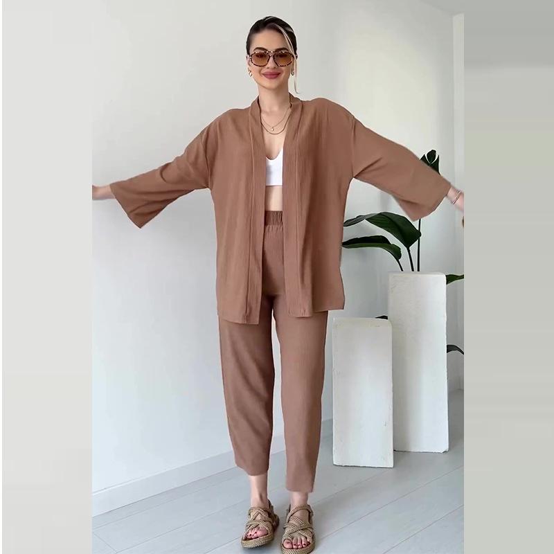 

2024 Осень Повседневный Однотонный Свободный Комплект Топ и Длинные Брюки - Европейский и Американский Ленивый Стиль XS верблюд