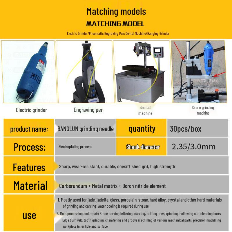 Banglun Diamond 3mm Alloy Grinding Head Set: Jade Carving, Cylindrical, Conical, Ball Needles