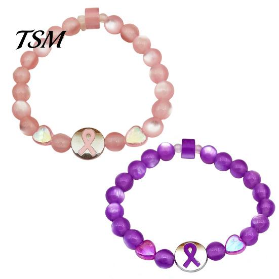 Durable Alloy Ribbon Wrist Jewelry Breast Cancer Awareness Bracelets, Charm Beads Elastic Beaded Bracelet for Women Bracelet, Encouragement