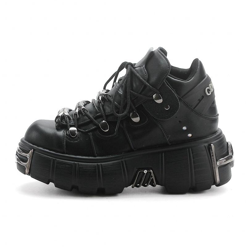 New Rock Shoes Women Pumps Shoes Heavy Metal Thick Bottom High Top Punk Leather Shoes Gothic Dark Black Motorcycle Boots