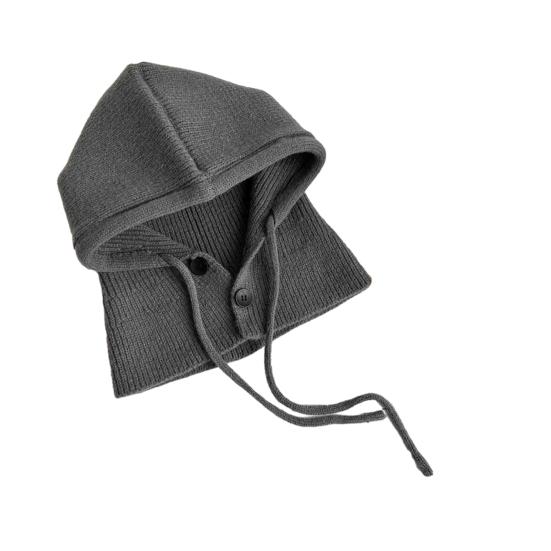 

Вязаная шапка однотонная застежка на пуговицы шнурок капюшон шарф женская зимняя теплая ветрозащитная эластичная термошапка серый