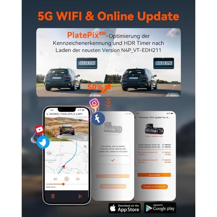 VANTRUE N4 Pro Dashcam Bil 4K+1080P+1080P/3 HDR,STARVIS 2 Bilkamera 360 grader,5GHz WiFi GPS Dash Cam Infrarød Foran
