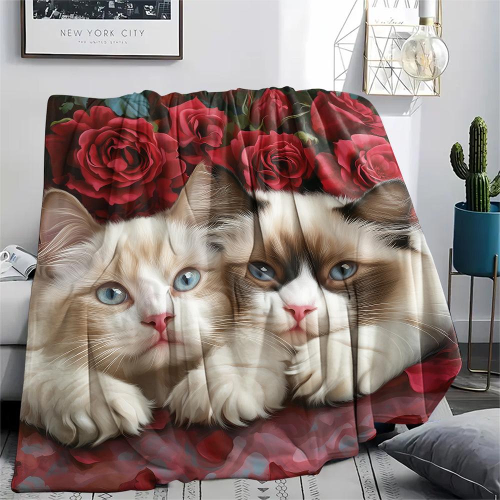 Ragdoll Katze und Rosen Muster Flanelldecke, Hohe Qualität, Bequem für Alle Jahreszeiten, Heimdekoration, Wärme und Komfort, Perfekt für Geschenke.