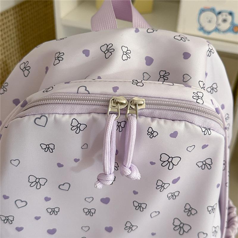 Cute Heart and Bow Print School Backpack with Front Pocket Top Handle Casual Daypack for Girls Students
