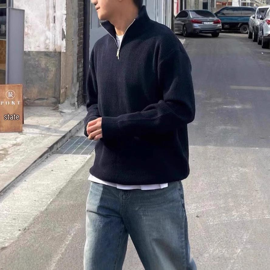 

Men s Korean Style Trendy Solid Color Half-High Collar Zipper Pullover Sweater Knitwear for Autumn and Winter S. 55-65 kg темно-синього кольору