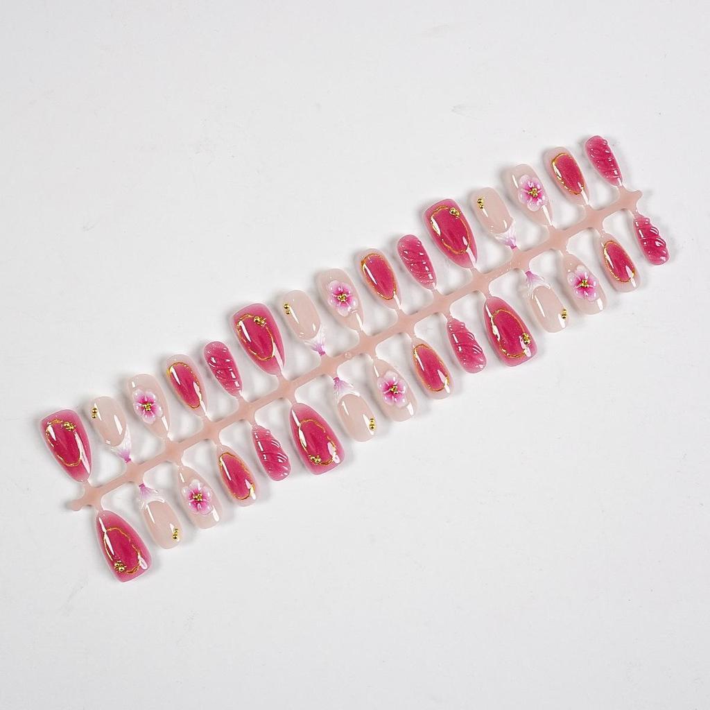 30pcs Handmade Pink Cherry Blossom Almond Nails with 3D Gold Lines and Gradient Design