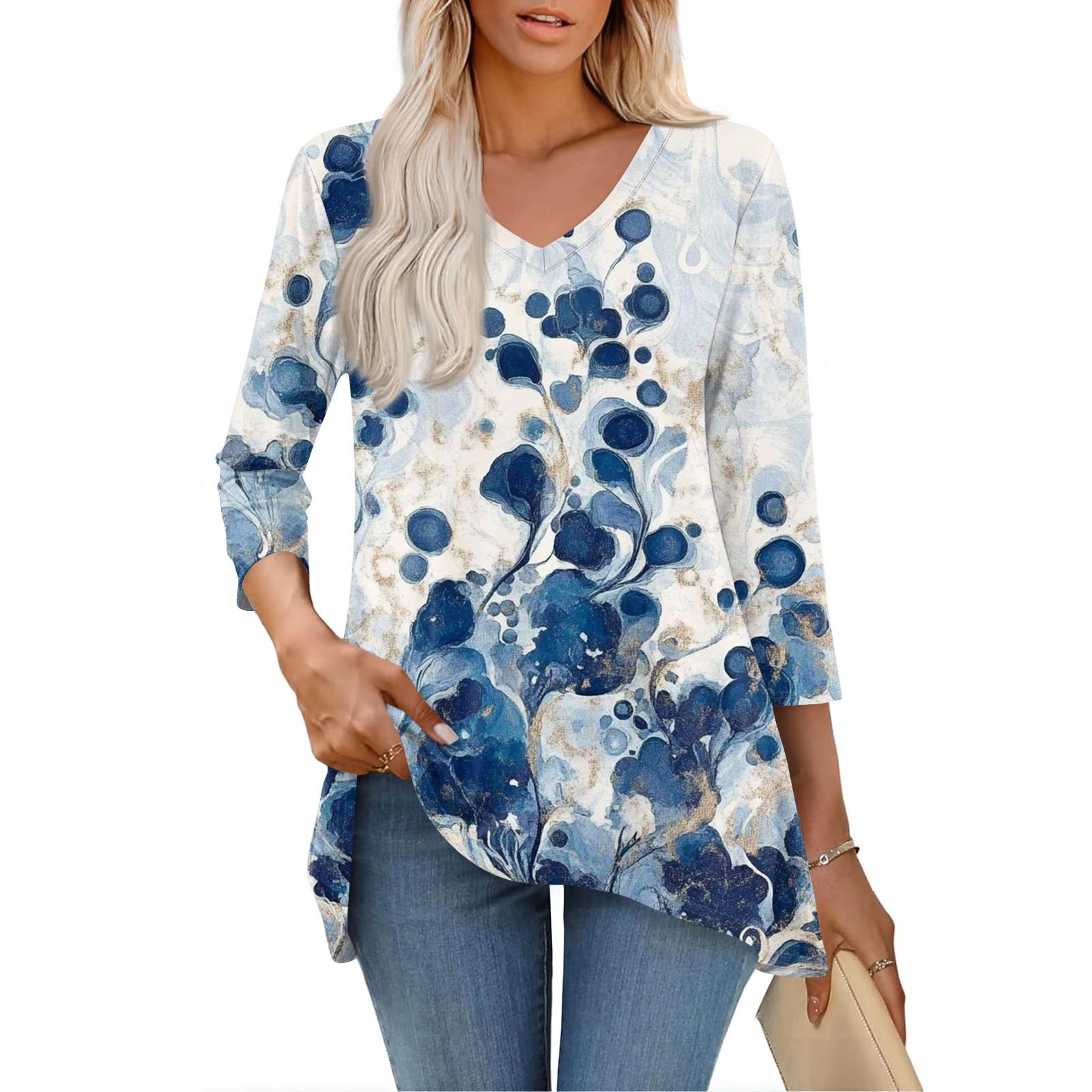 

Женские топы с V-образным вырезом и рукавом 3/4, повседневные блузки средней длины, модные туники с принтом L