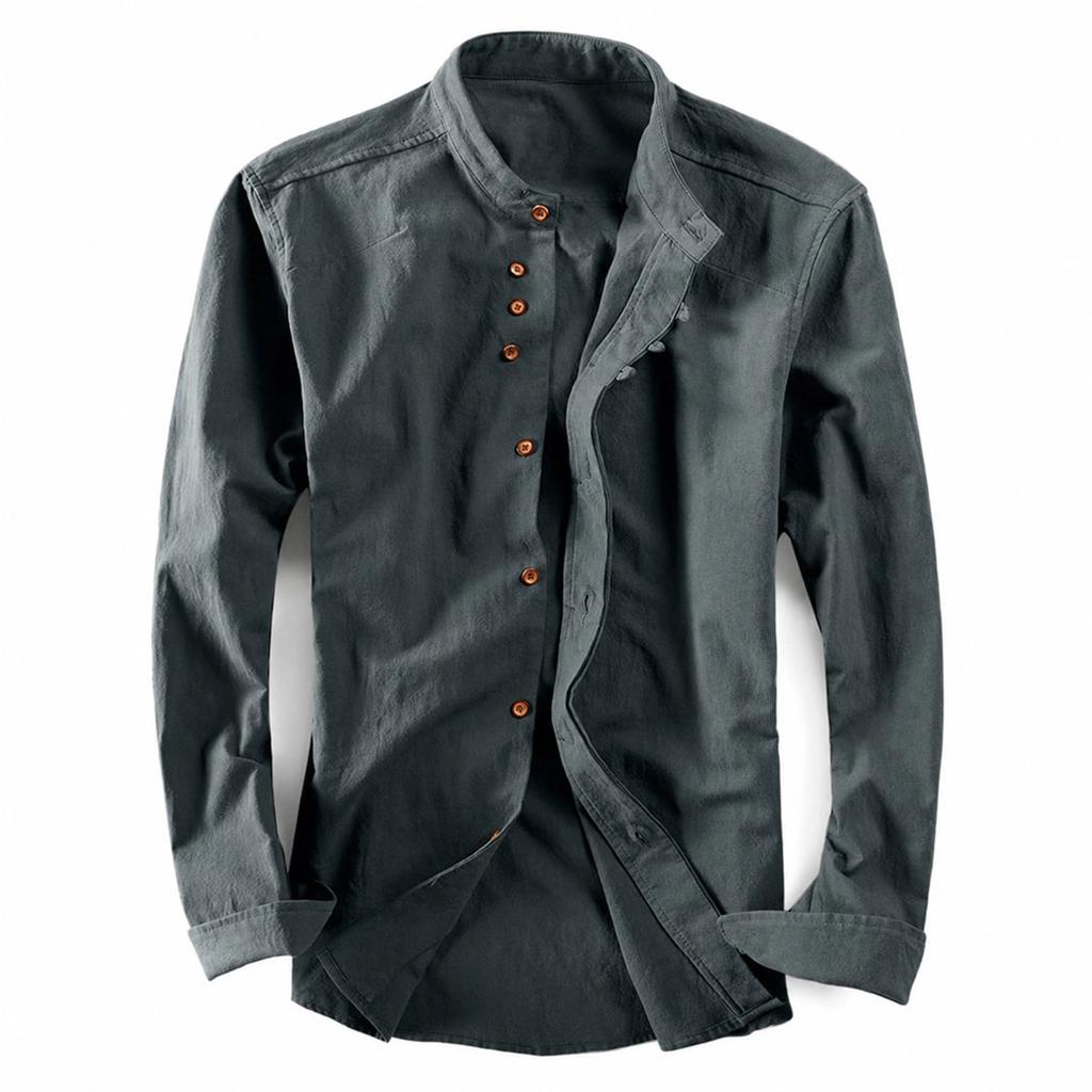 Men's Color Stand Collar Long Sleeve Casual Shirt Cotton Linen Loose Fit