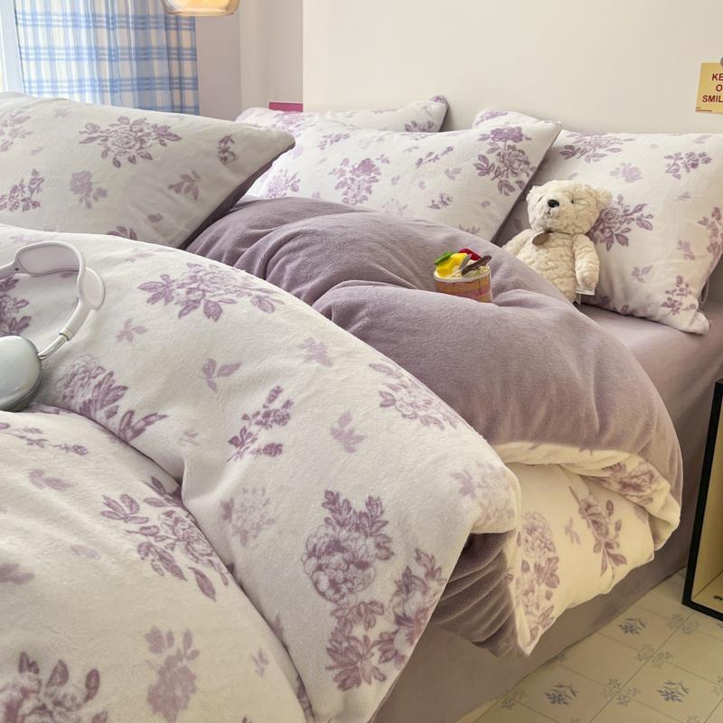 Thickened Milk Fleece Bed Four-Piece Set, Double-Sided Fleece Coral Fleece Quilt Cover, Bed Sheet Three-Piece Set
