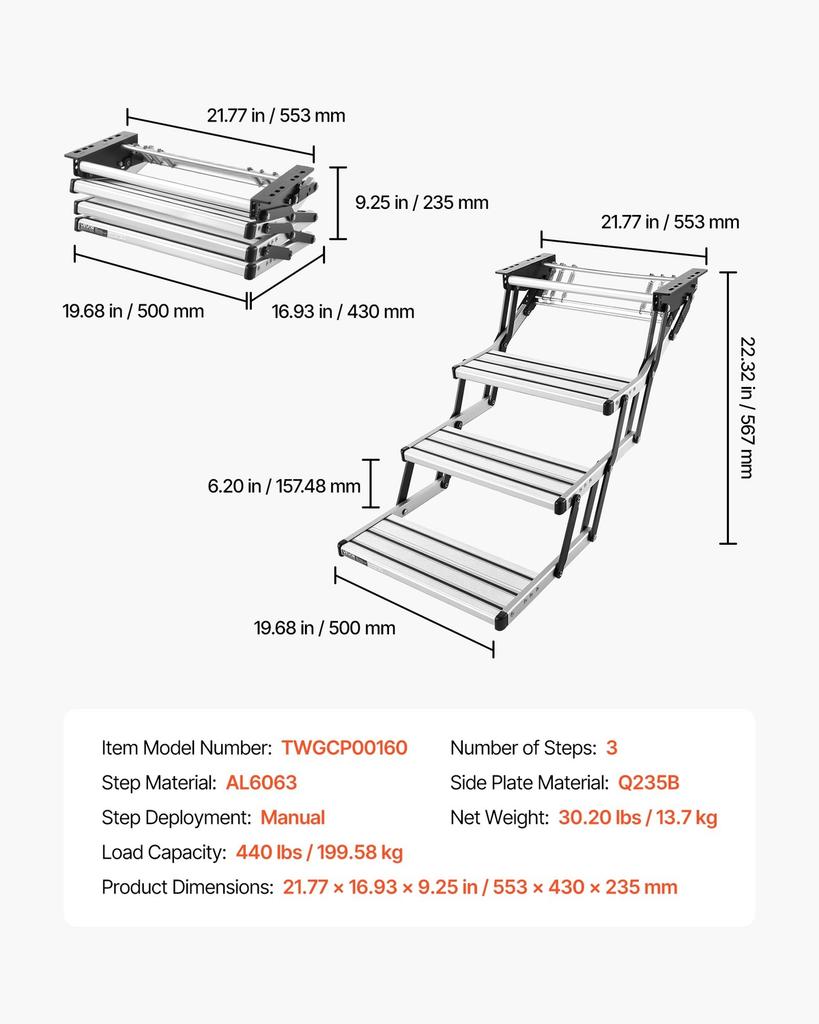 RV Steps, 3-Step, 200 kg Load Capacity, Manual Retractable RV Stairs, Telescopic Folding Aluminum Alloy Camper Steps, Steel Frame Non-Slip Entry