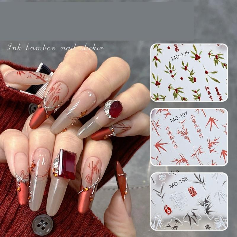 Chinese Style Nail Sticker Nail Decals Embossed Self Adhsive Sticker Chinese Bamboo for Women Girls DIY Nails Manicure