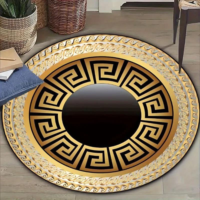 1pc Golden Round Rug and Black Geometric Pattern Carpet Coffee Table Mat Bar Area for Bedroom Living Room Dining Home Decorativ