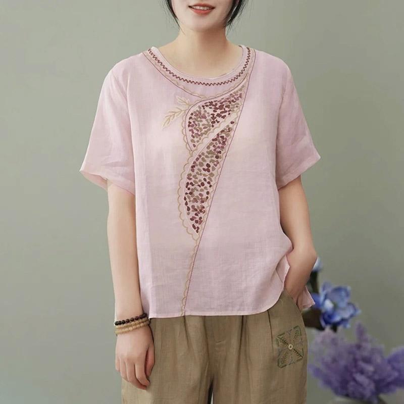 Cotton T-shirt Spring Summer Women Light Round Neck Embroidered Shirt Loose Versatile Tops