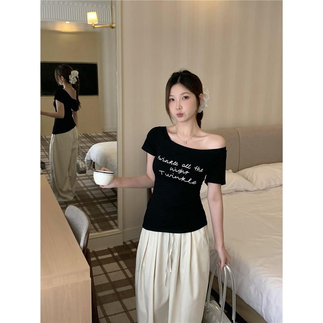 

Korean diagonal collar letter short-sleeved T-shirt women s summer Nanyou new versatile slim and thin printed ins top S ( 40-45kg )