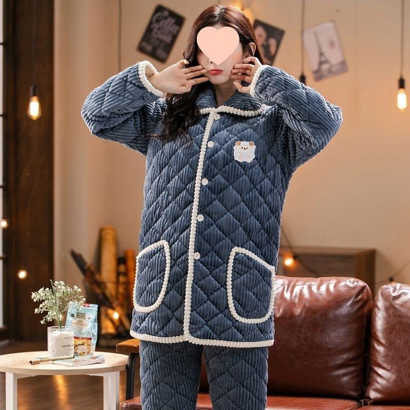 Pajamas women's winter warm winter fleece thickened coral fleece three layers of cotton autumn and winter women's loungewear