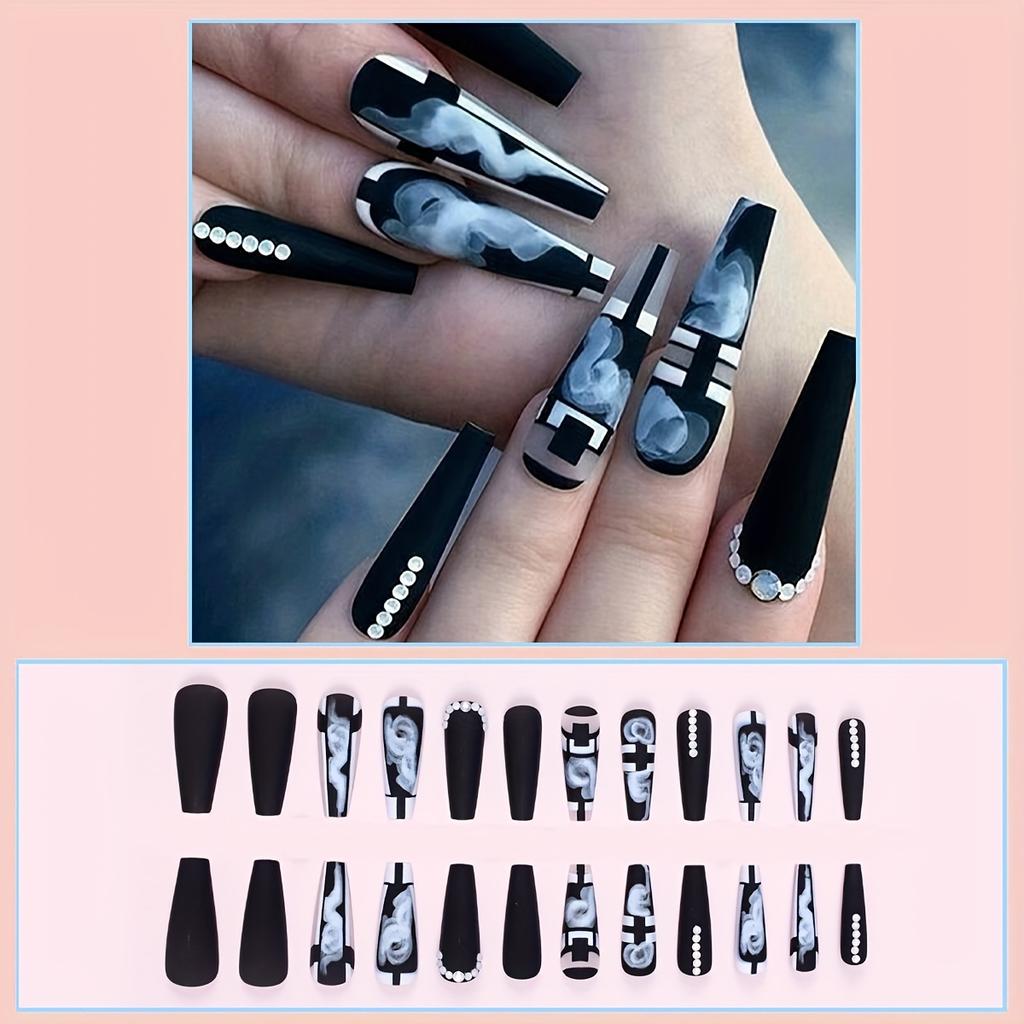 24pcs French Black White Plaid Glossy Ballerina Coffin Press On Nails with Rhinestones Decor - Long Length Acrylic All Cover False Nails