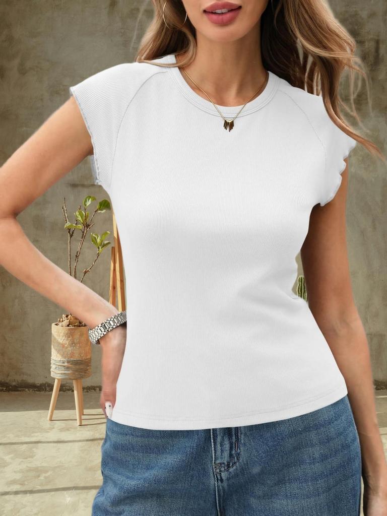 Womens Ribbed Knit T Shirt Cap Sleeve Crew Neck Slim Fit Summer Basic Top