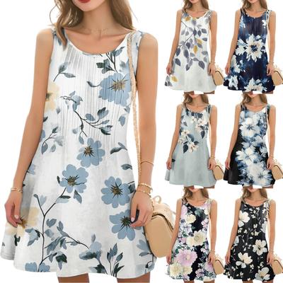 Vestido feminino casual com estampa floral e gola redonda sem mangas