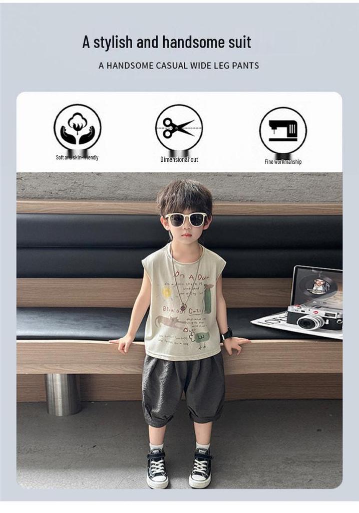 2026 Boys' Summer Outfit: Hand-Painted Animal Print Sleeveless Vest & Gauze Lantern Pants for Toddlers and Young Children