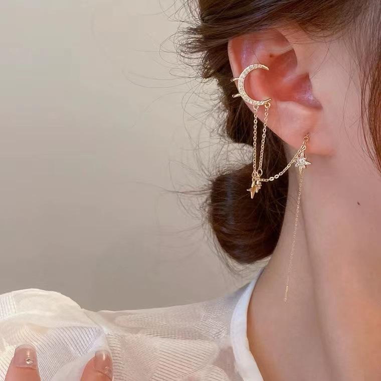 Sparkling Asymmetric Zircon Star Moon Ear Clip for Women Without Piercing Cross Tassel Ear Cuff Clip Earrings Wedding Jewelry