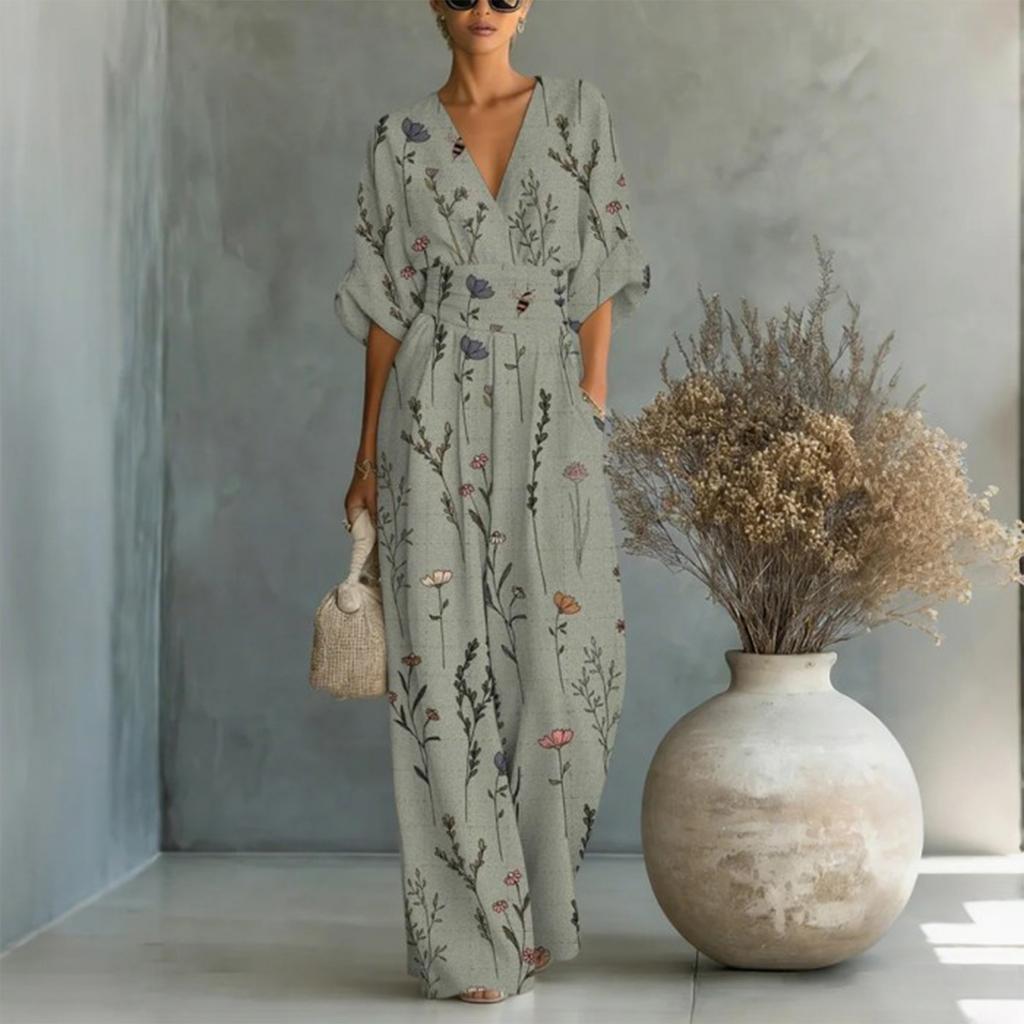 Dames Elegante V-hals Bedrukte Jumpsuit met Tailleband Losse Pasvorm Lange Mouwen Eendelig Outfit voor Casual of Formeel Gebruik