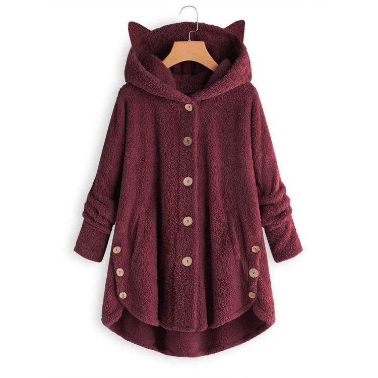 

Autumn Winter Women Plush Coat with Button Hooded Cats Ears Irregular Solid Steamed Cat Ear Shaped Bread Design 5XL дубильна кора