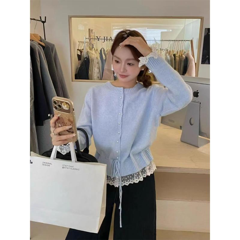 Korean Fashion Crew Neck Sweet Lace Waist Tuck-up Sweater Spring Autumn Knitted Cardigan Loose Slim Fit Top Elegant Casual Jackets Lace-up Clothing