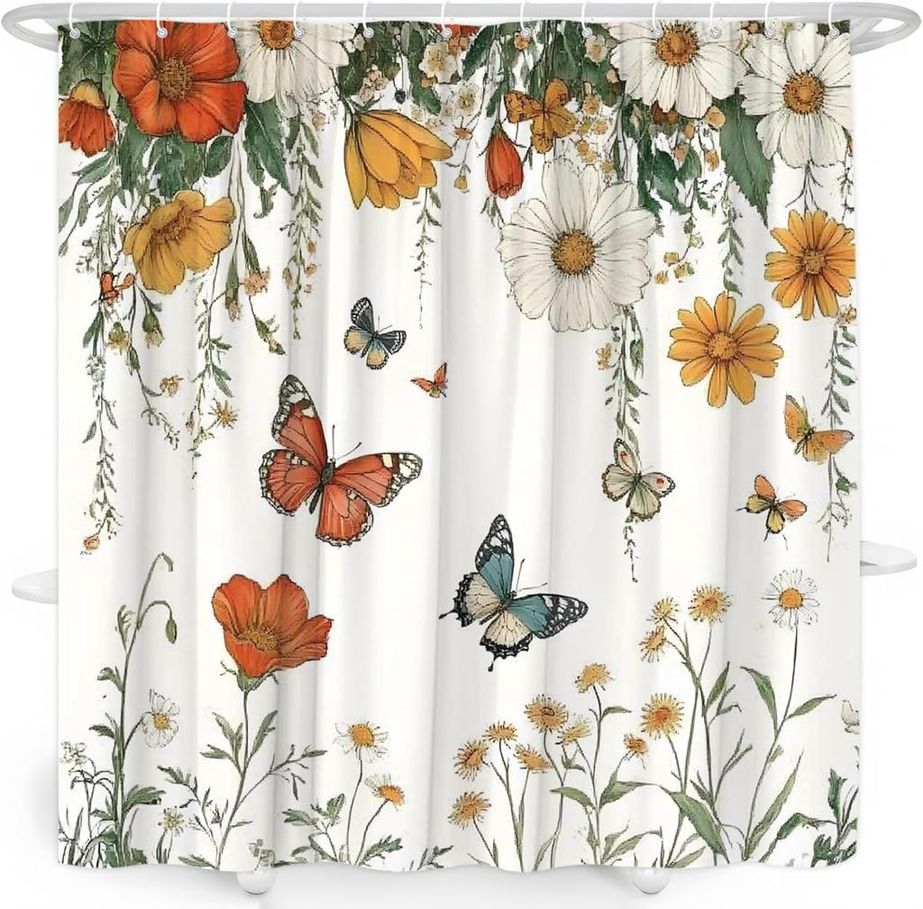 Floral Butterfly Shower Curtain Vintage Flower Rustic Farmhouse Wildflowers Green Leaves Botanical Boho Floral Vine Retro Plant