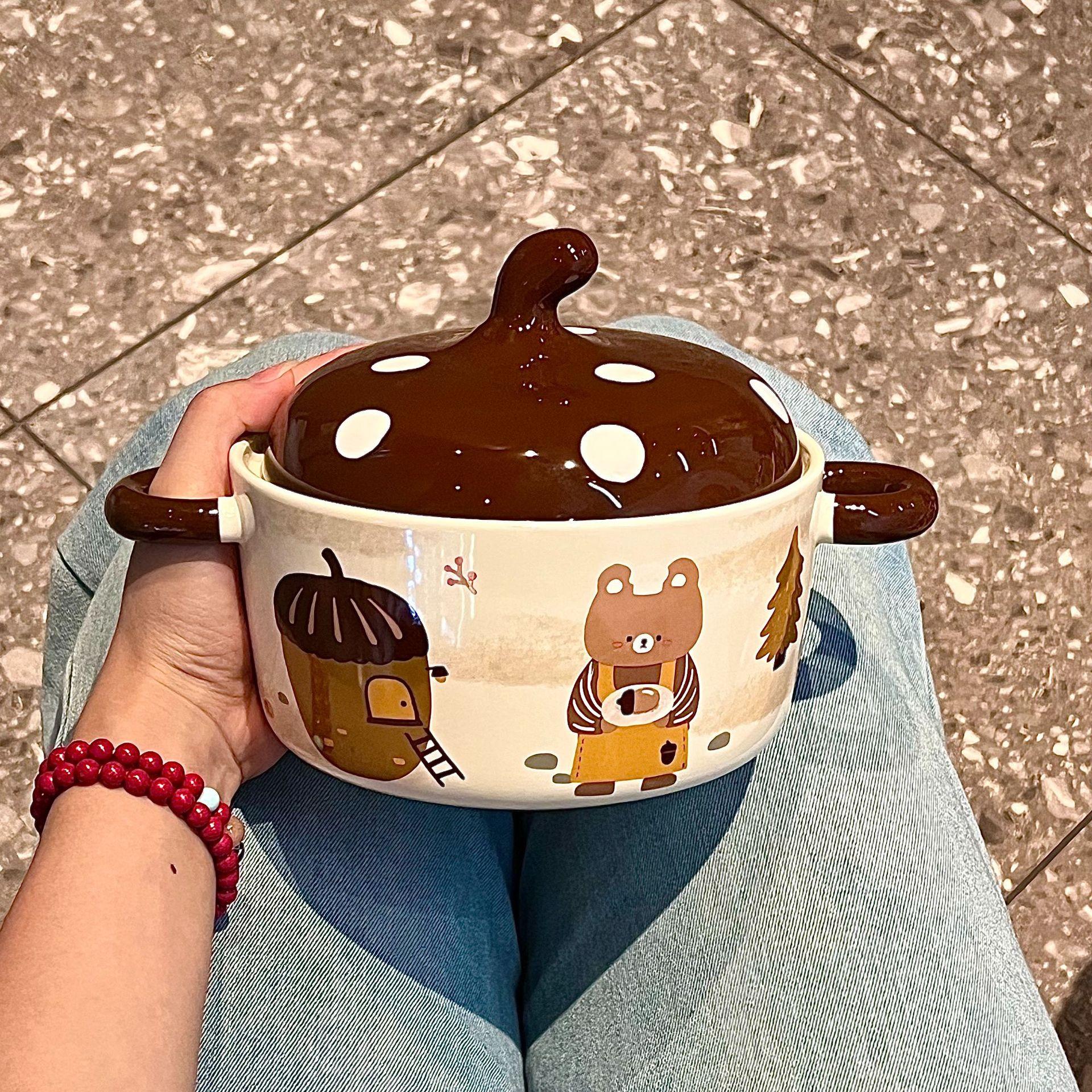 Керамическая миска для лапши быстрого приготовления в ретро-стиле с крышкой, высокая ценность, большая емкость, студенческая миска для риса в общежитии, миска для лапши быстрого приготовления с улитками