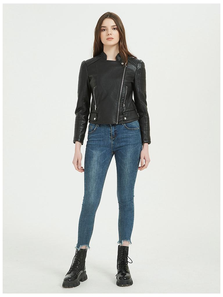 Damen PU-Leder Slim Stehkragenjacke - Europäischer/Amerikanischer Motorradstil, Erhältlich in verschiedenen Größen, Trendig und Pendlertauglich.