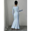 Elegant Sexy Long Sleeved Fishtail Dress Tight Fit Spring Pleated Square Collar Solid Color Party Maxi Long Dresses Evening Spring Bodycon Dress