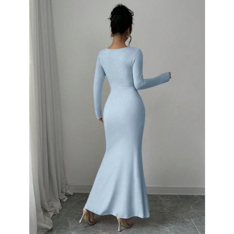 Elegant Sexy Long Sleeved Fishtail Dress Tight Fit Spring Pleated Square Collar Solid Color Party Maxi Long Dresses Evening Spring Bodycon Dress