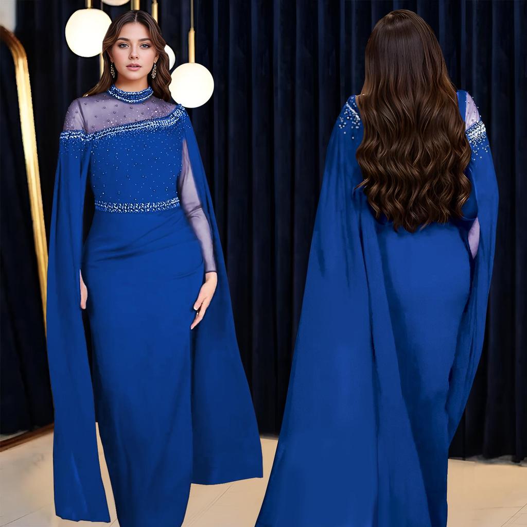 C7280 Suknia wieczorowa z szyfonu, siateczki, koralików i rękawów typu peleryna