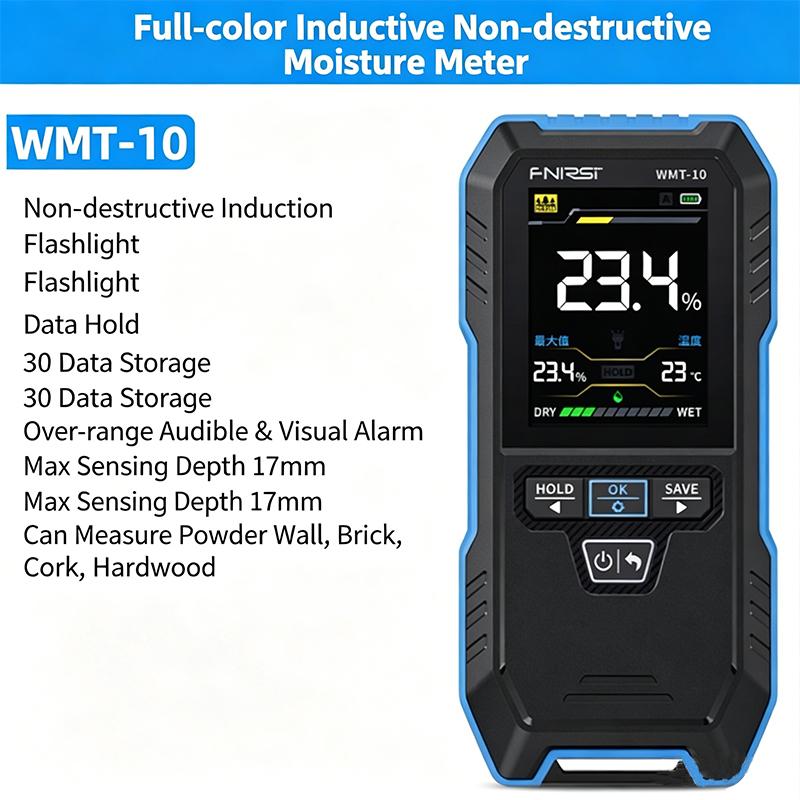 WMT-10 High Precision Moisture Meter, Non-Destructive Inductive 0-75% Range TFT Color Screen 17mm Depth Detection