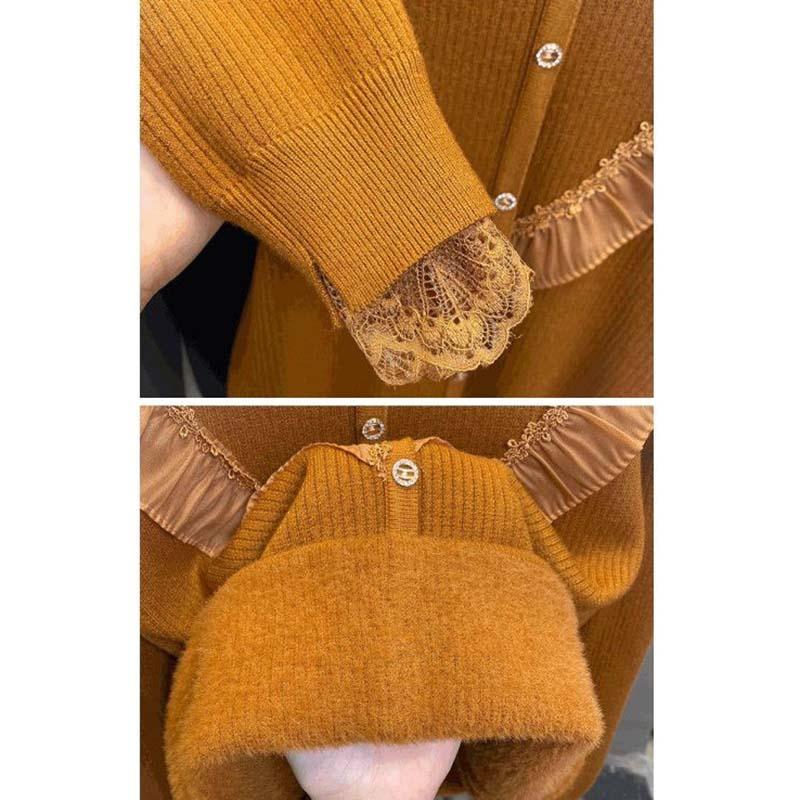 Women Ruffles Lace Patchwork Cashmere Sweater Autumn Winter Casual Knitted Jumpers Long Sleeve Slim Pullovers