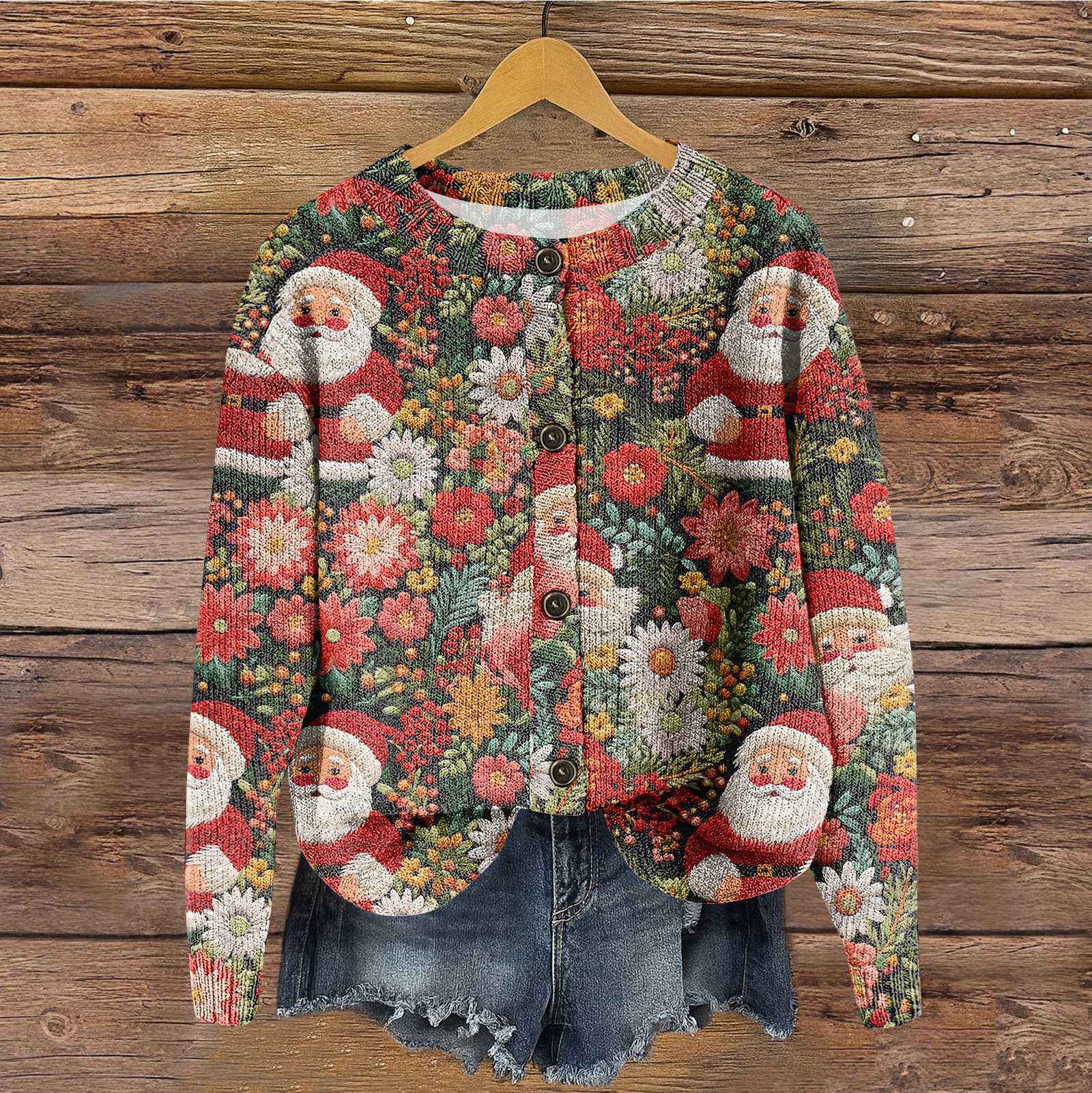 

Женский винтажный вязаный кардиган на пуговицах с рождественским принтом XL арбуз красный