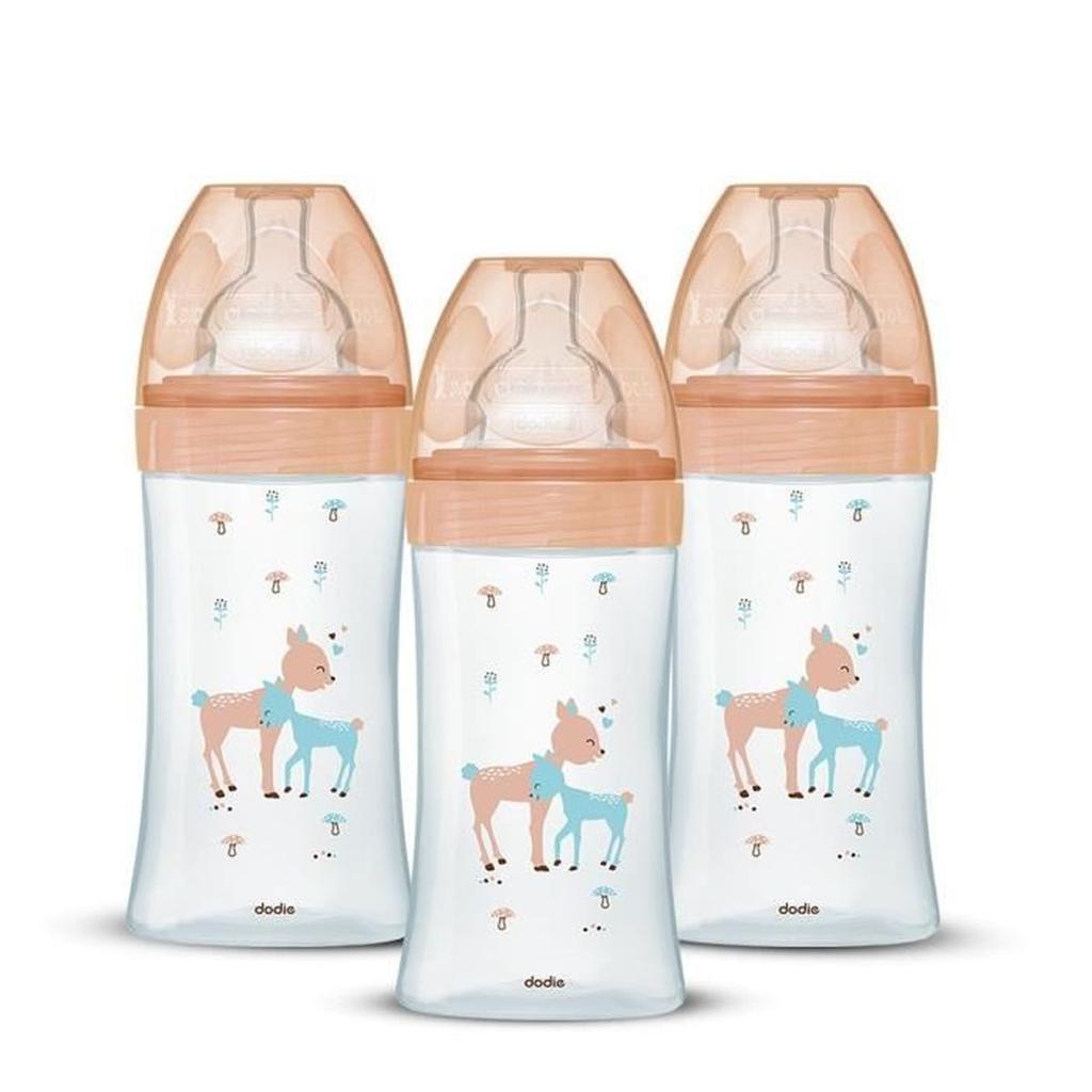 Lot de 3 Biberons DODIE Anti-Colique Sensation+ - Verre - 270ml - 0-6 Mois - Tétine plate - Débit 2